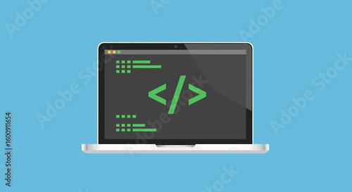 Flat Design Laptop Showing Coding Symbols