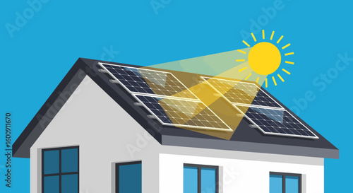 House with Solar Panels and Sun Rays, Clean Energy Concept