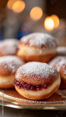 Wallpaper Mural Sufganiyot Tray with Powdered Sugar and Glowing Menorah in Cozy Hanukkah Setting Torontodigital.ca