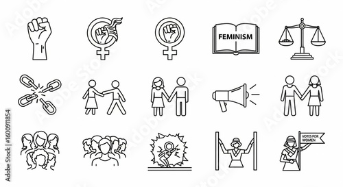 Feminist Line Icon Set – Vector Women’s Rights, Gender Equality, Empowerment, Protest, Raised Fists, Breaking Chains Symbols