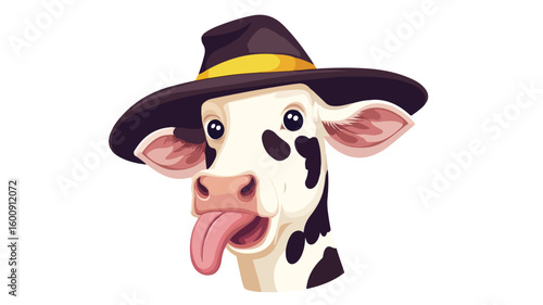 Funny Curious Cow with Long Tongue in Hat