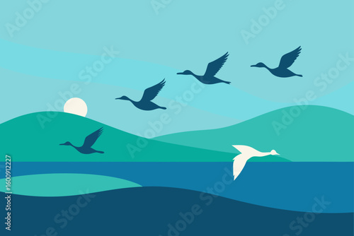 birds gliding across lake water