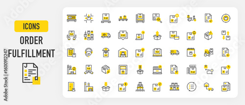 Order fulfillment icons. Approved, Fast Delivery, Warehouse, Paper, Process, Inspection, Call Center, Unpack, Consultation, Rejected, Route, Form, Pallet vector stroke illustration.	
