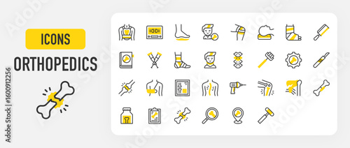 Orthopedics icons. Pillow, Shin, Joint, Bandage, Scoliosis, Orthotics, Broken Bone, Broken Arm, Posture, Neck, Knee, Cast, Examination, Settings, Fracture vector stroke illustration.	
