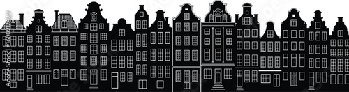 Amsterdam canal houses silhouette, black and white Dutch architecture, traditional European buildings, old city skyline vector, vintage urban facade art