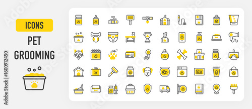 Pet grooming icons. Bathtub, Medicine, Pet Brush, Diaper, Litter Box, Perfume, Animals, Pet Brush, Trimming, Bones, Pet Carrier, Pet Bed, Cat vector stroke illustration.	
