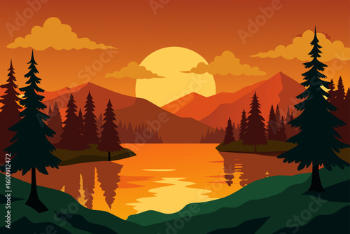 forest lake under golden sunset sky