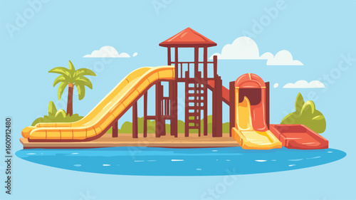 Serene Handdrawn Aqua Park on Wooden Board Vector Illustration
