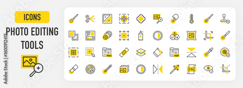 Photo editing tools icons. Smudge Tool, Gallery, Paint Bucket, Cut, Layout, Temperature, Magic Wand, Depth Of Field, Clone Stamp, Zoom, Pen Tool, Selection vector stroke illustration.	
