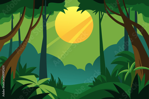 jungle canopy and glowing sun