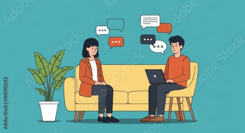 A man and a woman sit on a sofa and chairs respectively engaged in a conversation with speech bubbles overhead while the man uses a