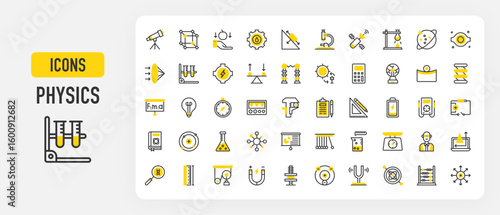Physics icons. Weight Scale, Length, Negative Ion, Microscope, Mass, Caliper, Gyroscope, Telescope, Refraction, Formula, 3d Cube, Positive Ion, Spring vector stroke illustration.	
