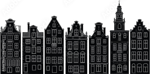 Black and white Dutch canal houses silhouette, historic Amsterdam buildings, European city architecture, old townhouse skyline, vector illustration art