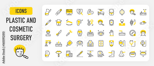 Plastic and cosmetic surgery icons. Diagnostic, Hair Removal, Eyelid, No Scars, Butt, Otoplasty, Hospital, Blepharoplasty, Body Fat, Silicone, Monitoring vector stroke illustration.	
