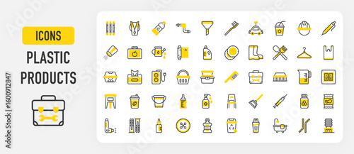 Plastic products icons. Salt Shaker, Bath Tub, Plastic Wrap, Injection, Disposable Plate, Tool Box, Packaging, Dustpan, Straw, Plastic Bag, Coffee, Filter vector stroke illustration.	
