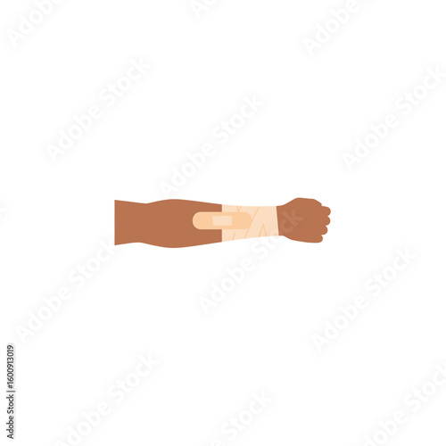 Brown skin human arm with a beige medical bandage and plaster providing essential first aid and support for an injury.