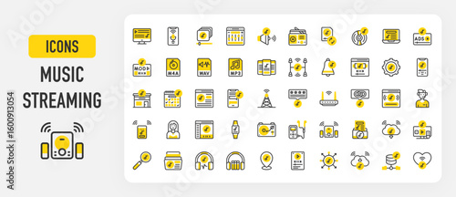 Music streaming icons. Subscription, Router, Multi Users, Equalizer, Volume, Sync, Schedule, Audio Book, Music Studio, Ads, Wav, Music, Cloud, Smart Tv vector stroke illustration.	
