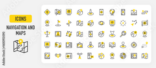 Navigation and maps icons. Directions, Places, Shop, Map, Person, Location, Laptop, Route, Pin, Home, Pins, Globe, Gps, Constellation, Route, Search vector stroke illustration.	

