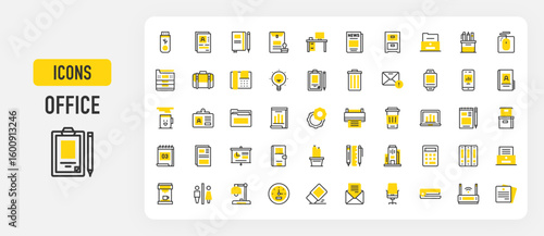 Office icons. CV, Mail, Wifi Router, Recycle Bin, Clock, Printer, Office Building, Laptop, Id Card, Workspace, Letter, Clipboard, Notes, Bathroom, Contact vector stroke illustration.	
