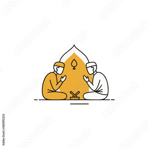 Two men sitting in front of temple praying, vector transparent image