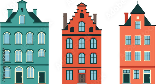 Black and white Dutch canal houses silhouette, historic Amsterdam buildings, European city architecture, old townhouse skyline, vector illustration art