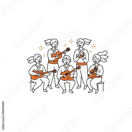 Cartoon group of musicians playing guitar and singing, Indian festival scene