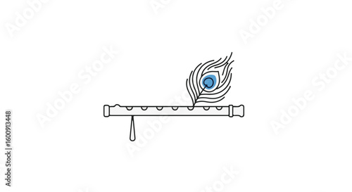 Krishna flute with peacock feather, simple line art vector