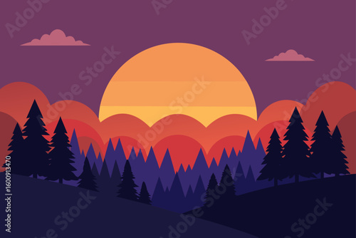 sunset over forest clearing
