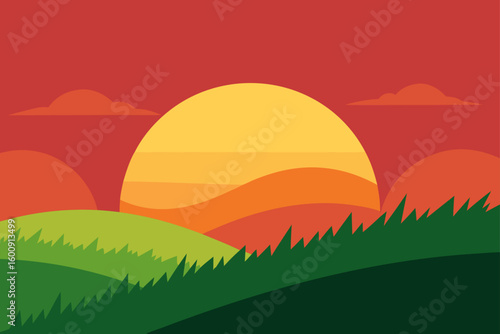sunset over grassy hillside