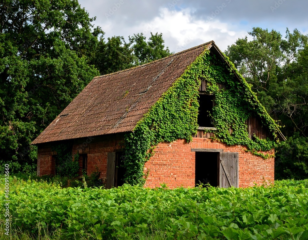 Fototapeta premium Old brick barn overgrown with ivy