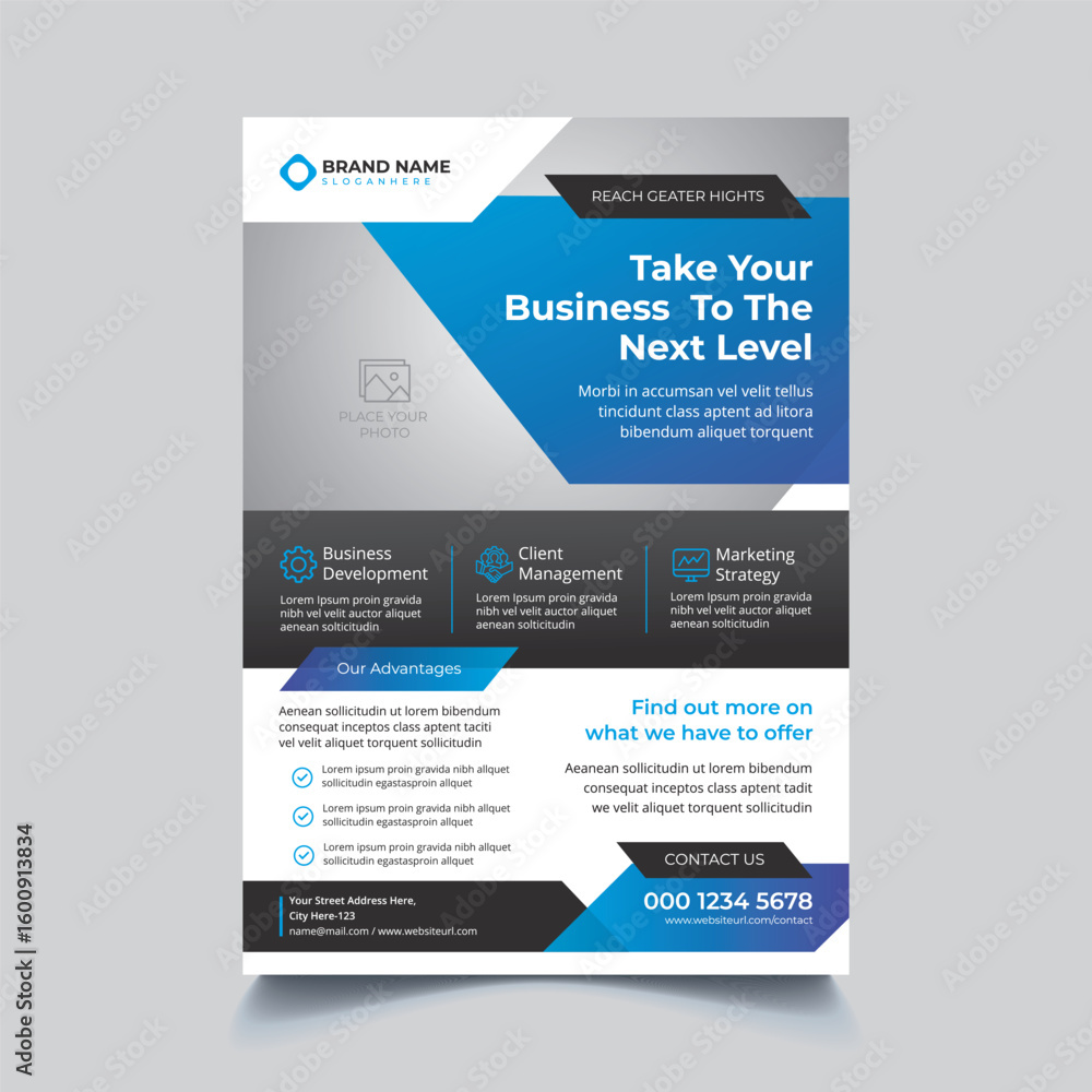 Obraz premium Modern Business Conference Flyer Template with Blue, Grey and Black Corporate Design
