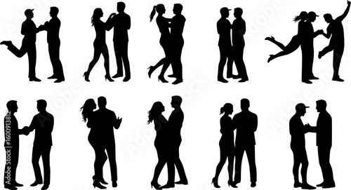 Silhouettes of romantic couple isolated on white background collection set. Happy couple dancing together vector silhouette set.
