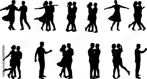 Silhouettes of romantic couple isolated on white background collection set. Happy couple dancing together vector silhouette set.
