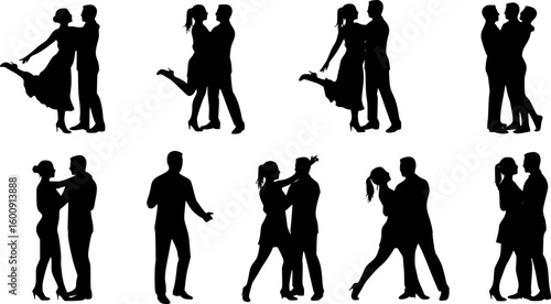Silhouettes of romantic couple isolated on white background collection set. Happy couple dancing together vector silhouette set.
