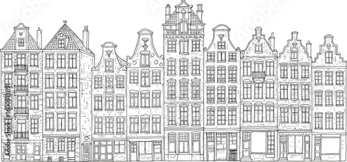 Hand drawn Amsterdam buildings, Dutch canal houses sketch, black and white line art, historic European architecture, vintage townhouse facade illustration