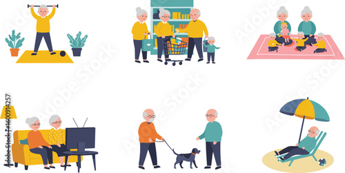 Happy senior life illustrations – elderly people exercising, shopping, relaxing, walking dog, watching TV, and spending time with grandchildren.