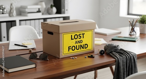 Lost and found box on office desk with various items, representing organization and recovery.