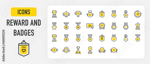 Reward and badges vector stroke icons. such as Medal, Trophy, Podium, Shield, Badge, Star illustration.	
