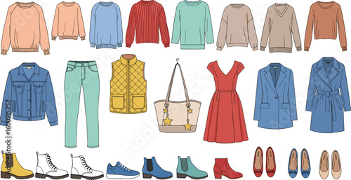 Women winter fashion collection, cozy sweaters, stylish jackets, warm boots, trendy bags, seasonal outfits and dresses, cad drawing flat vector illustration template design