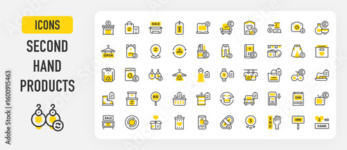 Second-hand products icons. Car, Second Hand, Low Price, Recycle, Furniture, Wool, Clothes Hanger, Donation, Flea Market, Shopping Bag, Price Tag vector stroke illustration.	
