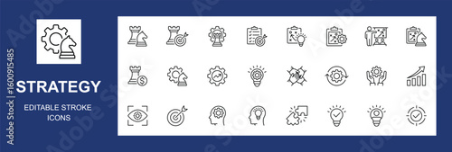 Strategy Icons set.  modern thin line style of business related icons: tactics, vision, target, and more. Pictograms and infographics. Editable stroke. Vector illustration