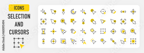 Selection and cursor icons. Crosshair, Cursor, Duplicate, Cursor, Hourglass, Selection, Brush Tool, Pencil Tool, Diagonal, Loading, Text Tool, Crosshair vector stroke illustration.	
