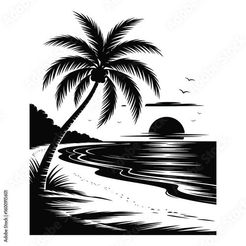 Serene tropical beach scene with lone palm tree silhouette and calm ocean waves in black and white vector illustration