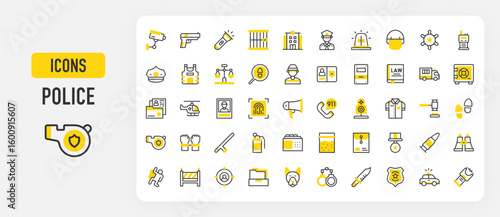 Police icons. Criminal Record, Police Car, Robber, Confidential, Vest, Footprint, Id Card, Shooting Target, Binocular, Arrested , Jail, Index, Megaphone vector stroke illustration.	
