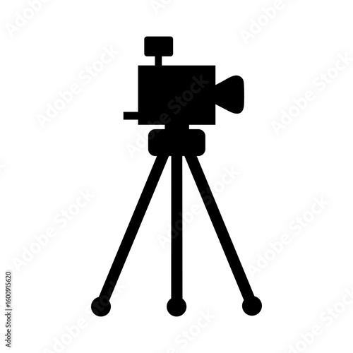 Silhouette of camera on tripod shown in basic outline style on white background icon