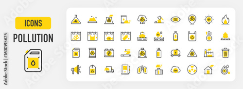 Pollution icons. Fire, Lungs, Thermometer, Co2, Poo, Battery, Noise, Tank, Radiation, Factory, Trash, Tag, Truck, Gas Station, Pollution, Radiation, House vector stroke illustration.	
