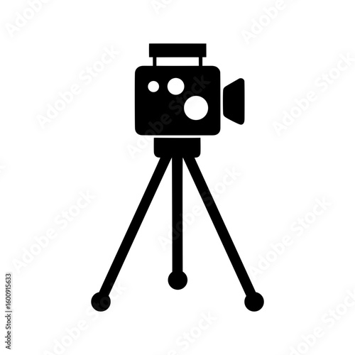 Camera with tripod in simple silhouette style on clean white background icon design