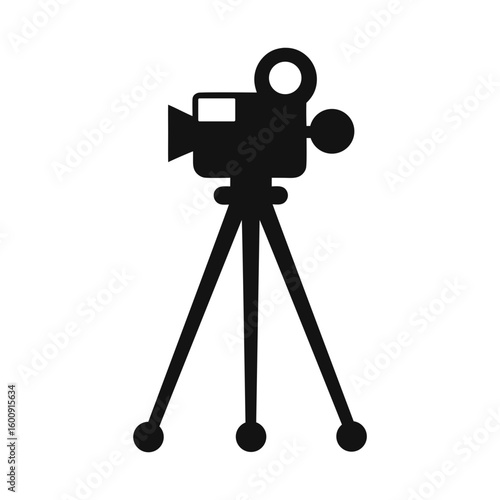 Minimal camera on tripod silhouette placed on clean white background photography icon