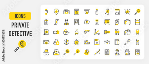 Private detective icons. Witness, Polygraph, Criminal Record, Riddle, Paranormal, Top Secret, Secret , Lockpick, Radar, Wanted, Gun, Detective, Fingerprin vector stroke illustration.	
