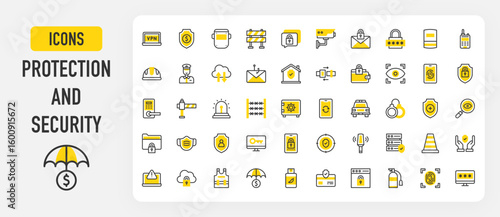 Protection and security icons. Spy, Password, User Protection, Cloud Computing, Insurance, Welder, Shield, Phishing, Protection, Wire, Warning, Server, Door vector stroke illustration.	